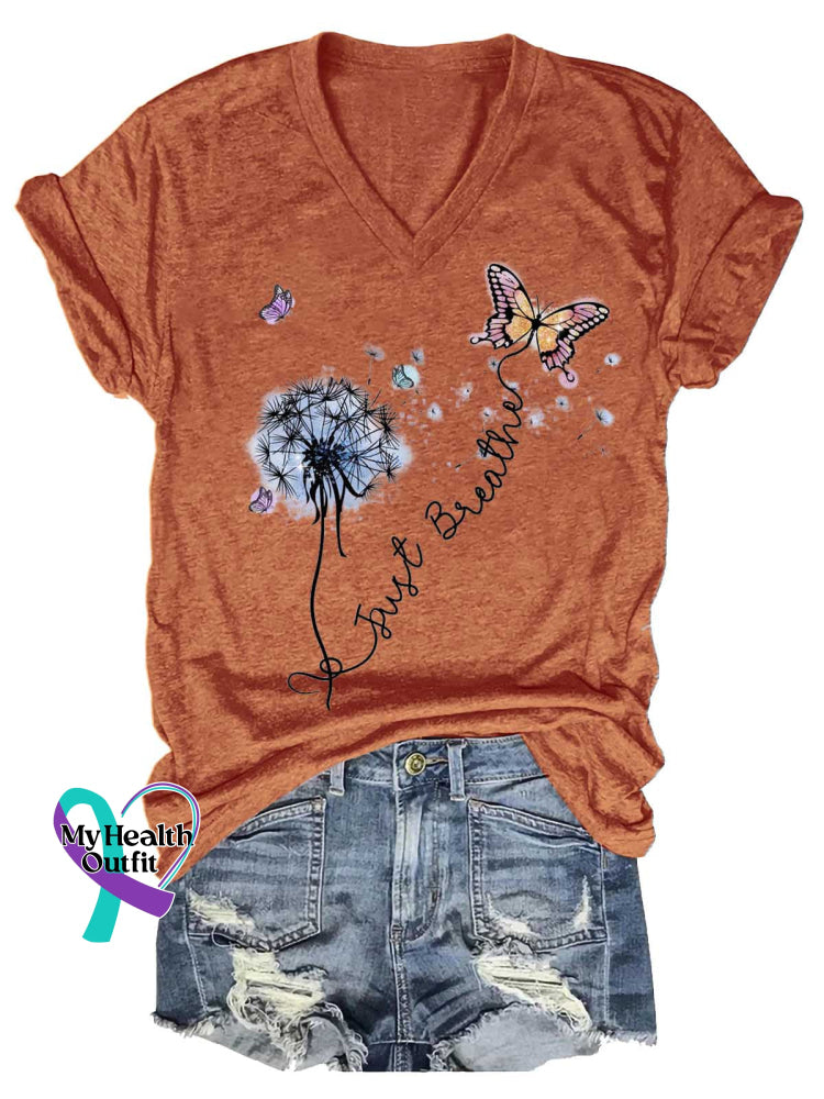 Women’s Just Breathe Dandelion Butterfly Mental Health Awareness V-neck Casual T-Shirt Orange / S