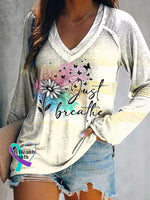 Women’s Just Breathe Dandelion Print V Neck Long Sleeve Tops Color / S