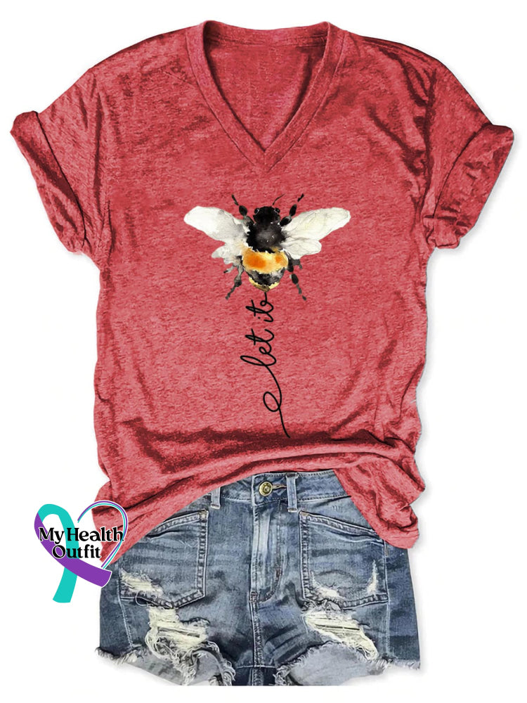 Women’s Let It Bee Art Print V-neck Casual T-Shirt Red / S