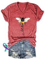 Women’s Let It Bee Art Print V-neck Casual T-Shirt Red / S