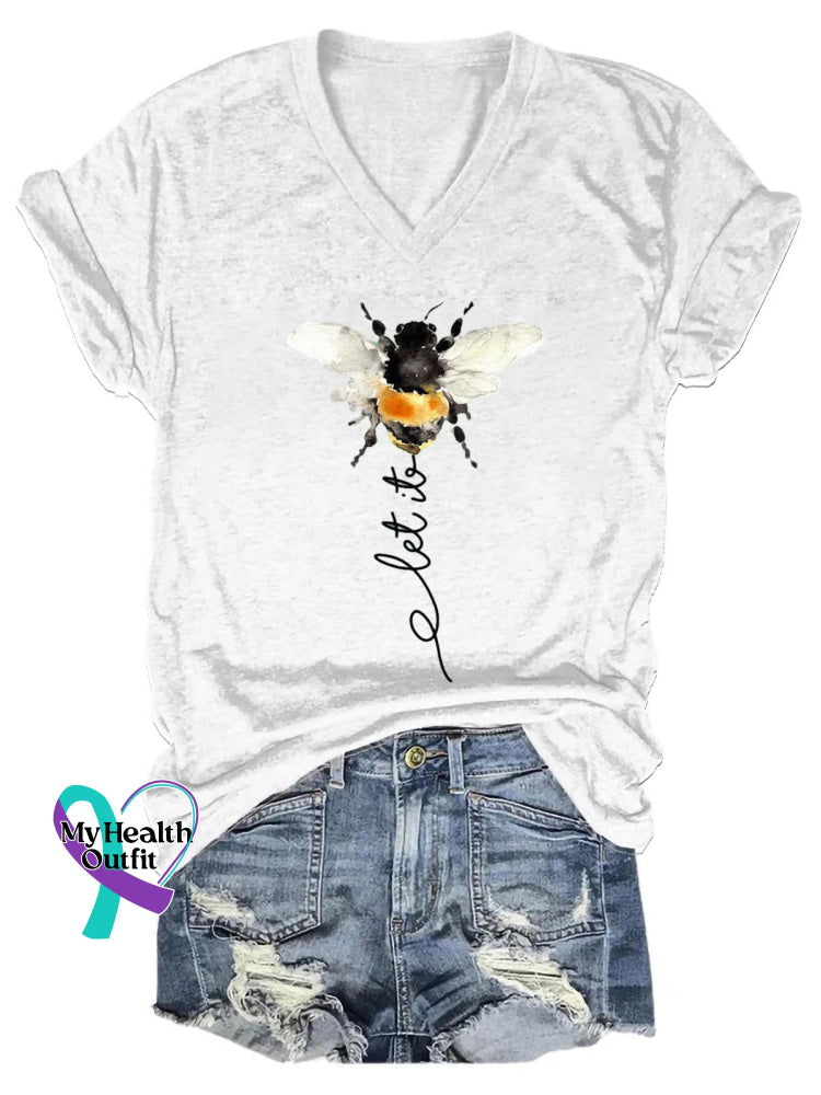 Women’s Let It Bee Art Print V-neck Casual T-Shirt White / S