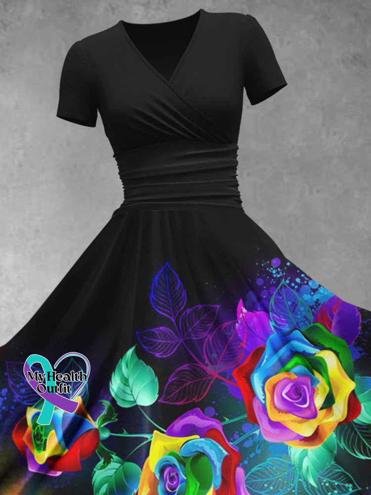Women’s Lgbt Rainbow Gradient Rose Flowers Art Print Design Maxi Dress