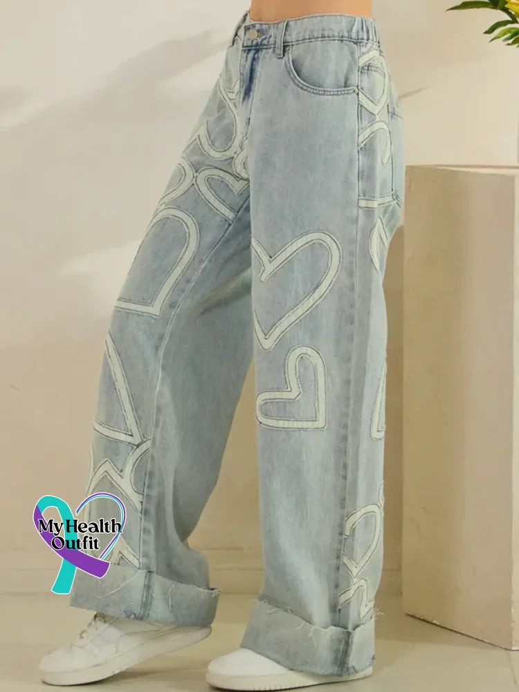 Women’s Love Pattern Art Print Casual Cotton Denim Jeans