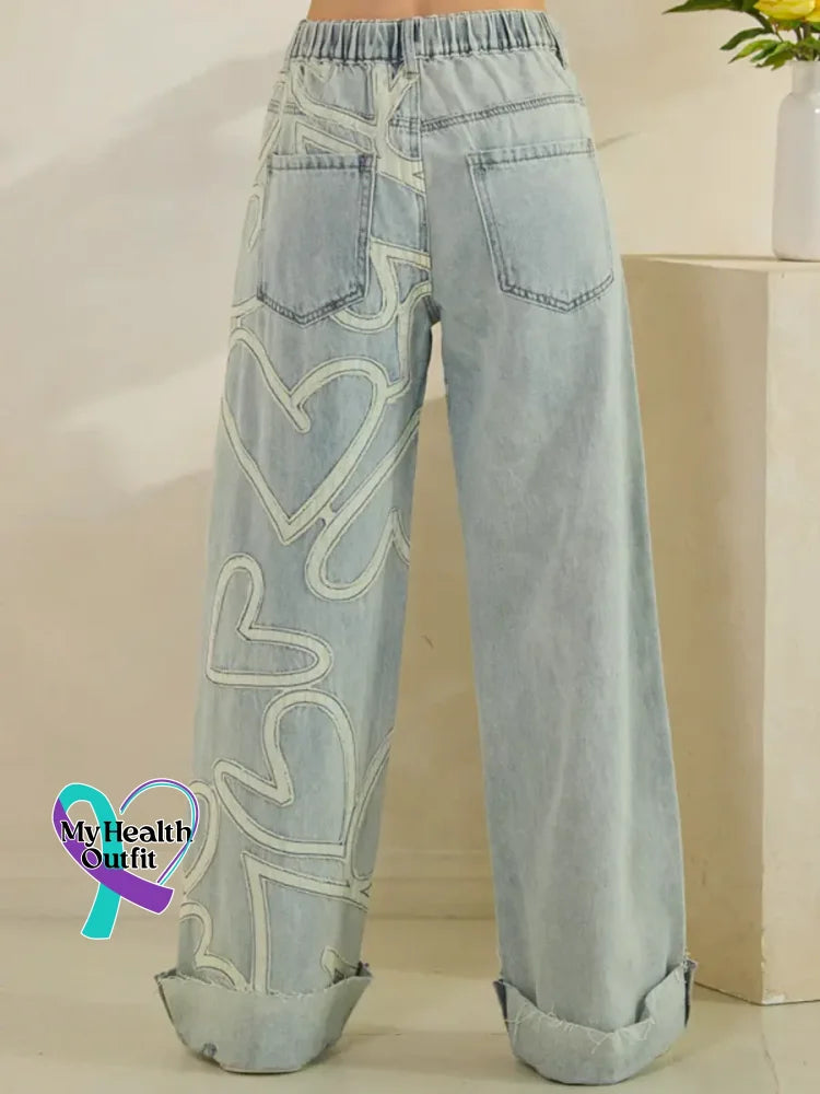 Women’s Love Pattern Art Print Casual Cotton Denim Jeans