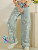 Women’s Love Pattern Art Print Casual Cotton Denim Jeans Blue / S