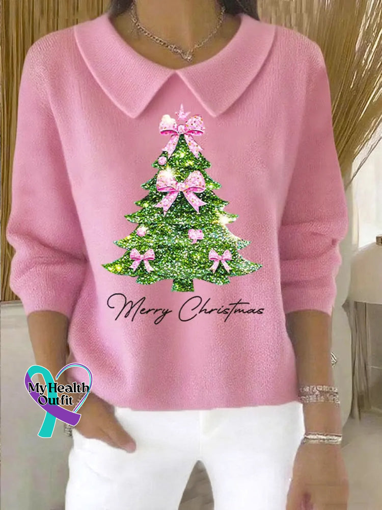 Women’s Lovely Christmas Tree Art Print Casual Peter Pan Collar 3/4 Sleeve Sweater Pink / S