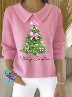 Women’s Lovely Christmas Tree Art Print Casual Peter Pan Collar 3/4 Sleeve Sweater Pink / S
