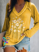 Women’s Lovely Daisy Pattern Art Print Casual V-Neck Long Sleeve Top Yellow / S