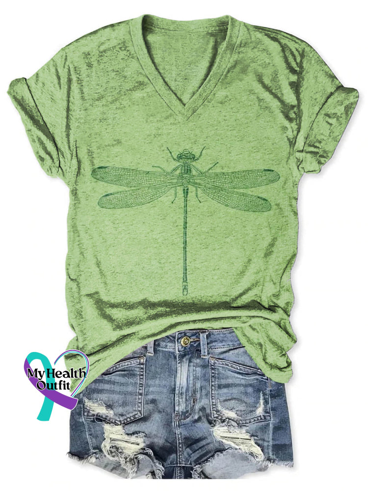 Women’s Lovely Dragonfly Pattern Art Print V-neck Casual T-Shirt Green / S