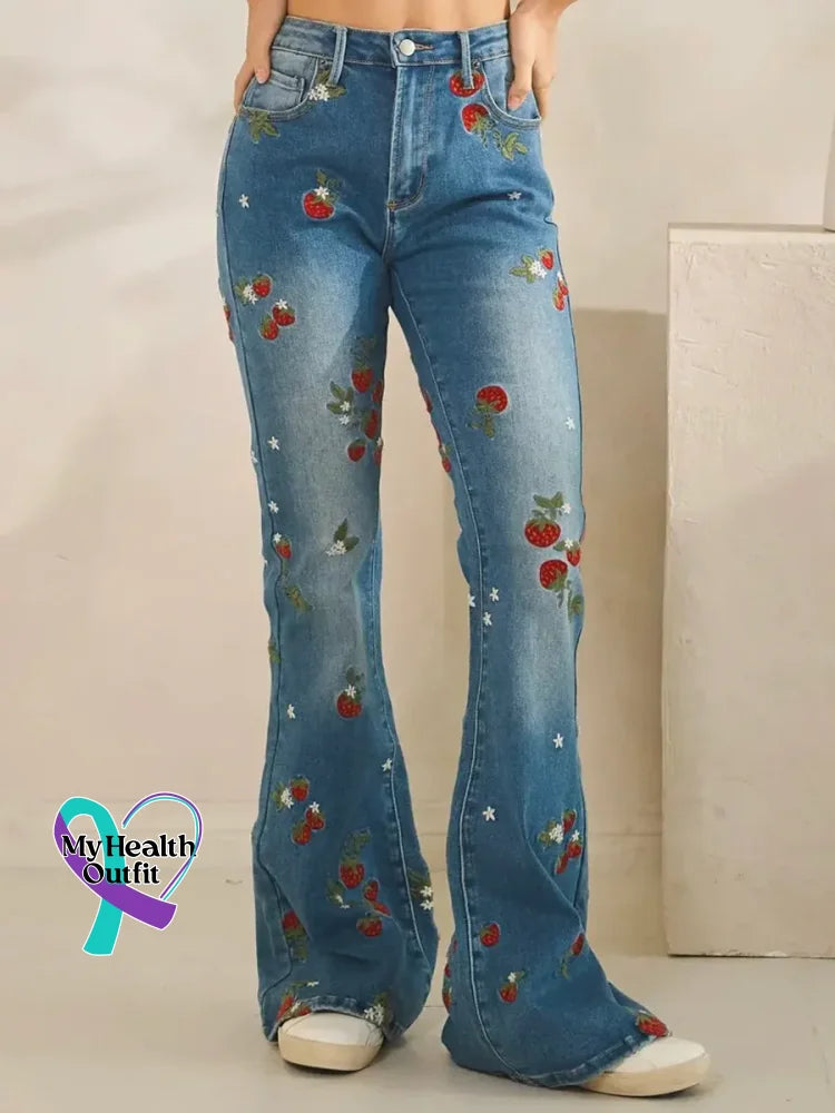 Women’s Lovely Strawberry Pattern Art Print Casual Cotton Denim Jeans Blue / S