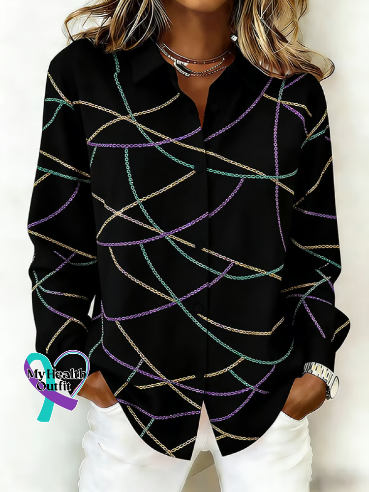 Women’s Mardi Gras Print Casual Cotton Shirt Black / S