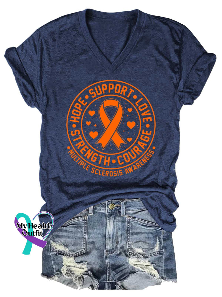 Women’s Ms Awareness Multiple Sclerosis Warrior Multiple Sclerosis Orange Ribbon V-neck Casual T-Shirt Blue / S