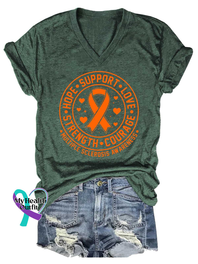 Women’s Ms Awareness Multiple Sclerosis Warrior Multiple Sclerosis Orange Ribbon V-neck Casual T-Shirt Green / S