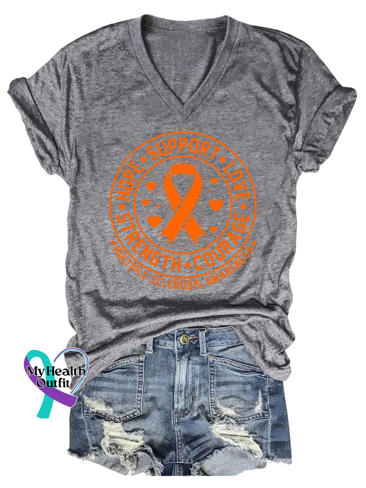 Women’s Ms Awareness Multiple Sclerosis Warrior Multiple Sclerosis Orange Ribbon V-neck Casual T-Shirt Grey / S