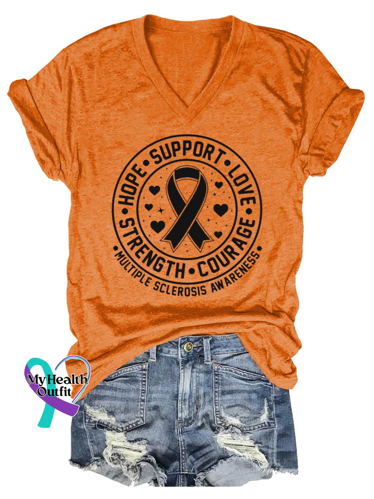 Women’s Ms Awareness Multiple Sclerosis Warrior Multiple Sclerosis Orange Ribbon V-neck Casual T-Shirt Orange / S