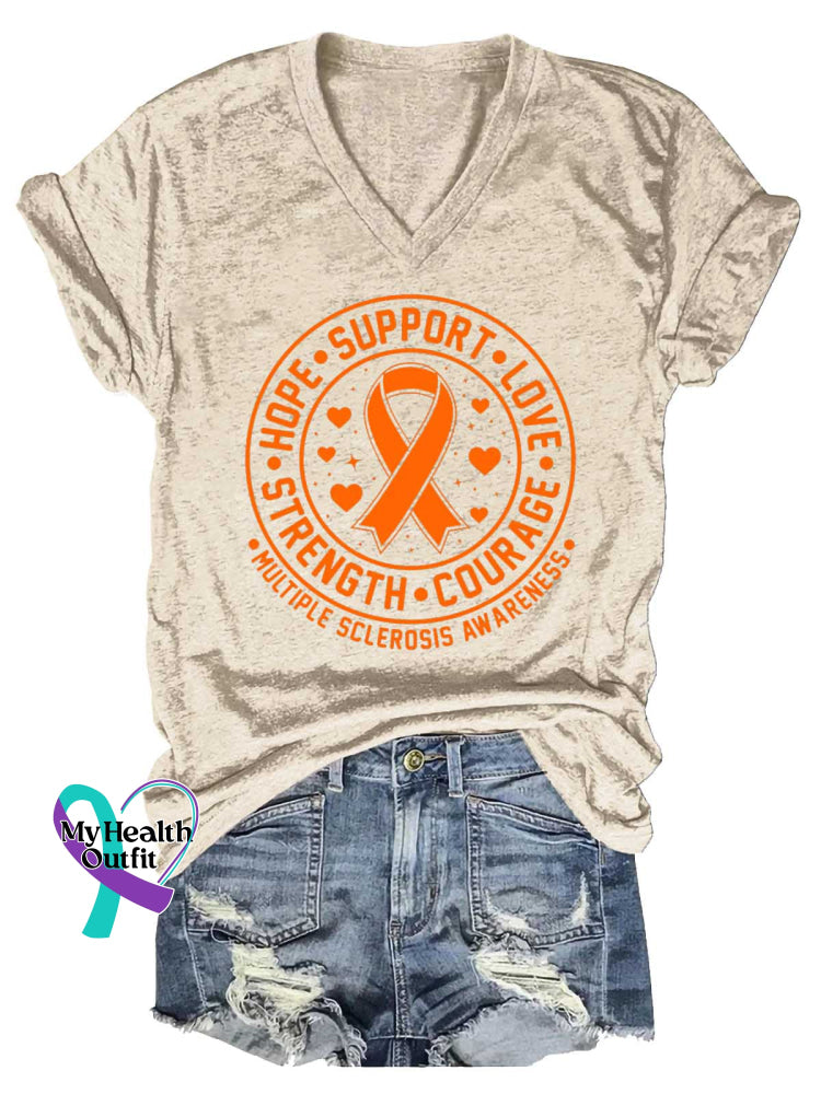 Women’s Ms Awareness Multiple Sclerosis Warrior Multiple Sclerosis Orange Ribbon V-neck Casual T-Shirt Sand / S
