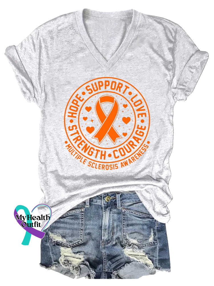 Women’s Ms Awareness Multiple Sclerosis Warrior Multiple Sclerosis Orange Ribbon V-neck Casual T-Shirt White / S