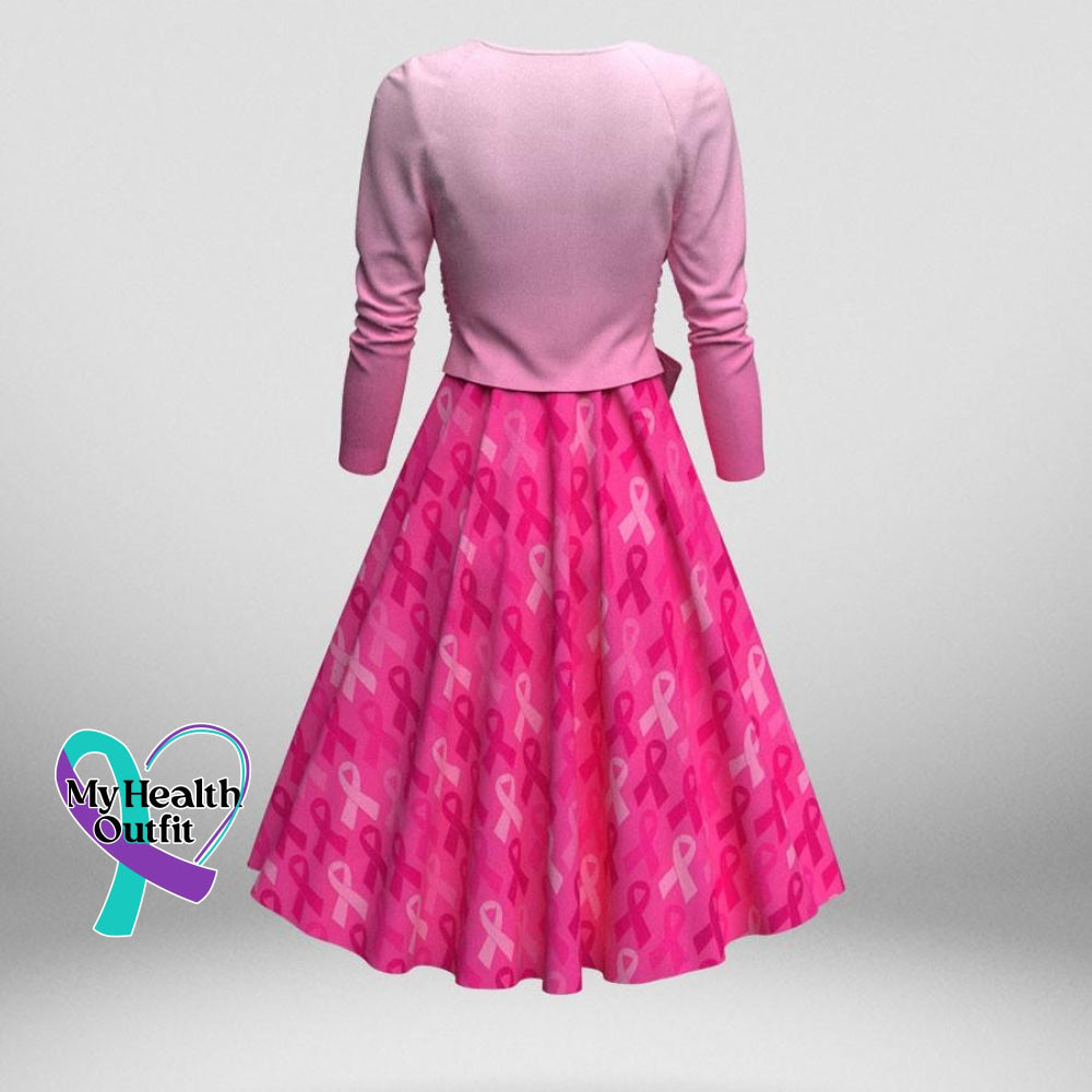 Women’s October Breast Cancer Awareness Month Long Sleeve Pink Gradient Strap Coat Cami Midi