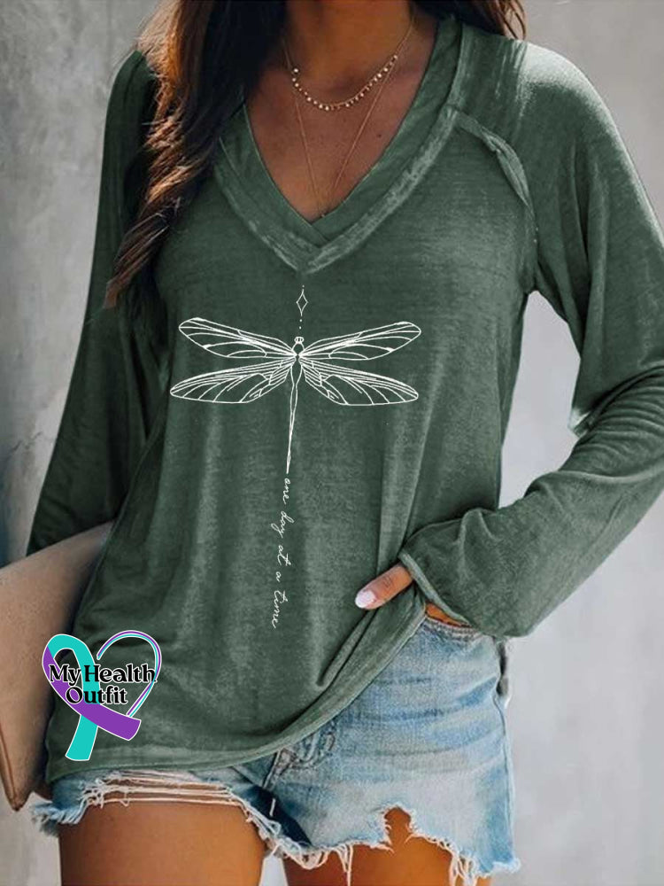 Women’s One Day At A Time Dragonfly Print Casual V Neck Long Sleeve Tops Green / S