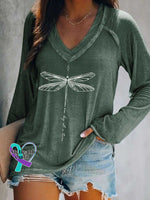 Women’s One Day At A Time Dragonfly Print Casual V Neck Long Sleeve Tops Green / S