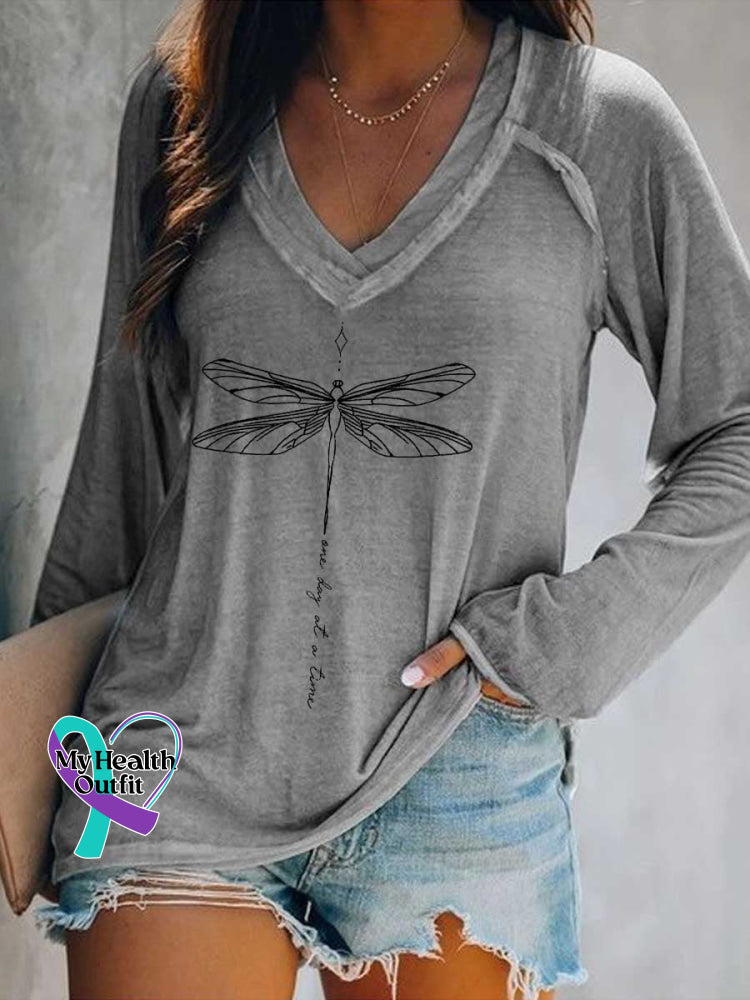 Women’s One Day At A Time Dragonfly Print Casual V Neck Long Sleeve Tops Grey / S