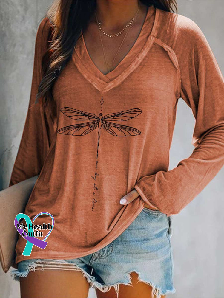 Women’s One Day At A Time Dragonfly Print Casual V Neck Long Sleeve Tops Orange / S