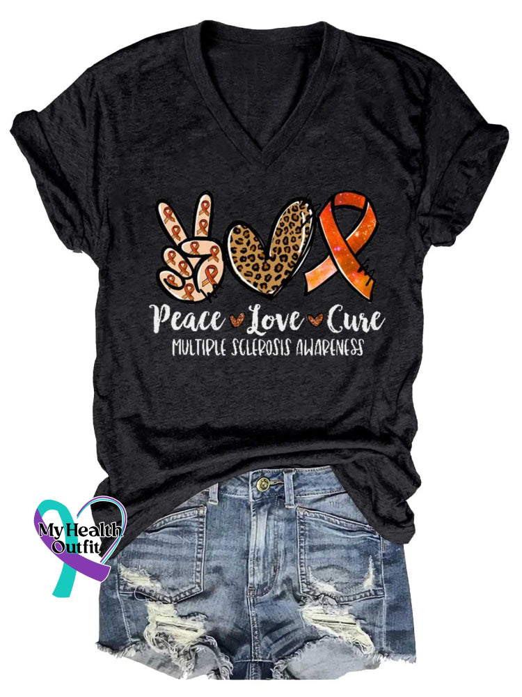 Women’s Peace Love Cure Ms Awareness Multiple Sclerosis Warrior Multiple Sclerosis Orange Ribbon V-neck Casual T-Shirt
