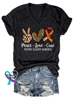 Women’s Peace Love Cure Ms Awareness Multiple Sclerosis Warrior Multiple Sclerosis Orange Ribbon V-neck Casual T-Shirt