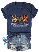 Women’s Peace Love Cure Ms Awareness Multiple Sclerosis Warrior Multiple Sclerosis Orange Ribbon V-neck Casual T-Shirt