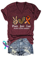 Women’s Peace Love Cure Ms Awareness Multiple Sclerosis Warrior Multiple Sclerosis Orange Ribbon V-neck Casual T-Shirt