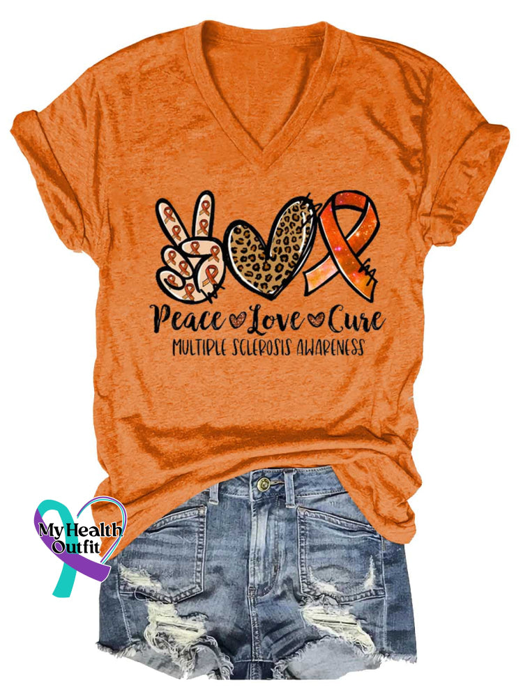 Women’s Peace Love Cure Ms Awareness Multiple Sclerosis Warrior Multiple Sclerosis Orange Ribbon V-neck Casual T-Shirt