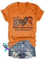 Women’s Peace Love Cure Ms Awareness Multiple Sclerosis Warrior Multiple Sclerosis Orange Ribbon V-neck Casual T-Shirt