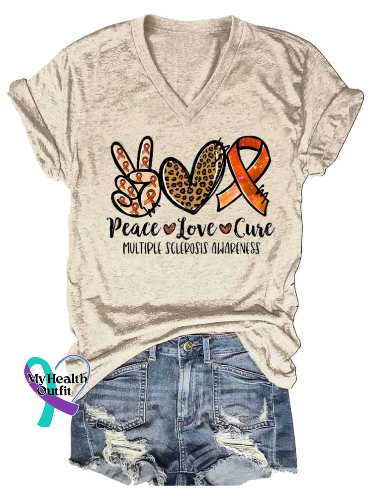 Women’s Peace Love Cure Ms Awareness Multiple Sclerosis Warrior Multiple Sclerosis Orange Ribbon V-neck Casual T-Shirt