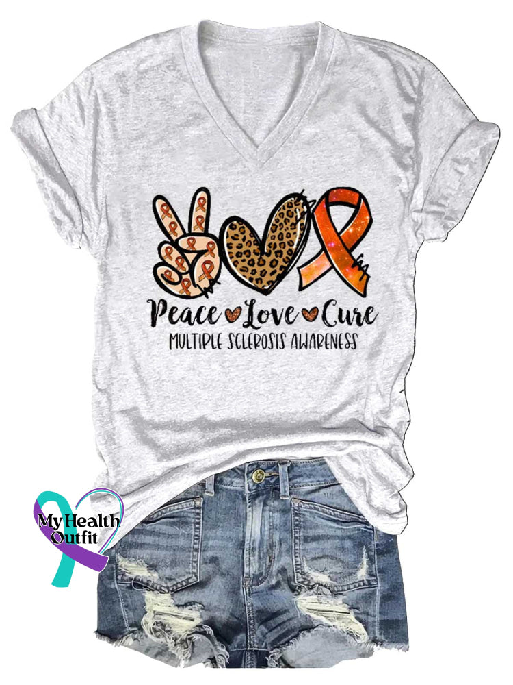 Women’s Peace Love Cure Ms Awareness Multiple Sclerosis Warrior Multiple Sclerosis Orange Ribbon V-neck Casual T-Shirt