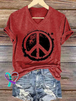 Women’s Peace Symbol Art V neck Casual T Shirt Red / S