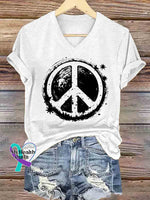 Women’s Peace Symbol Art V neck Casual T Shirt White / S