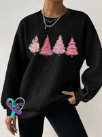Women’s Pink Christmas Tree Print Button Back Casual Knitted Shirt Black / S