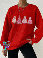 Women’s Pink Christmas Tree Print Button Back Casual Knitted Shirt Red / S