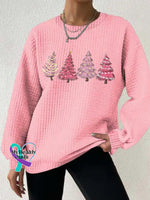 Women’s Pink Christmas Tree Print Button Back Casual Knitted Shirt / S
