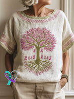 Women’s Pink Ribbon Tree Breast Cancer Awareness Art Print Short Sleeve Cotton Shirt Apricot / S