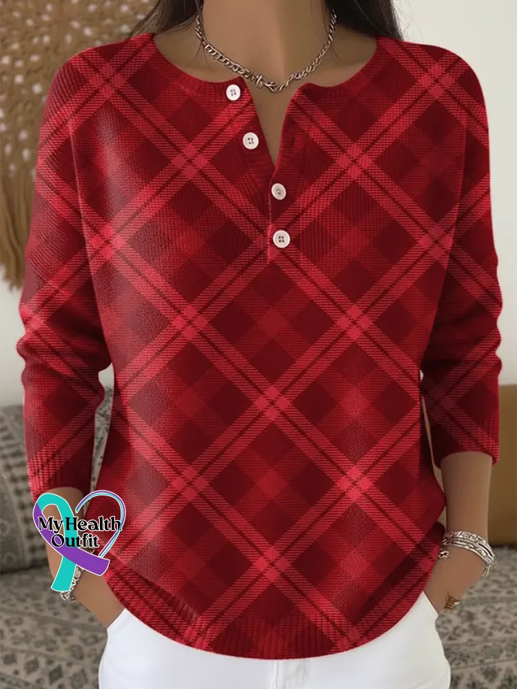 Women’s Plaid Pattern Art Print Casual Cardigan Sweater Red / S
