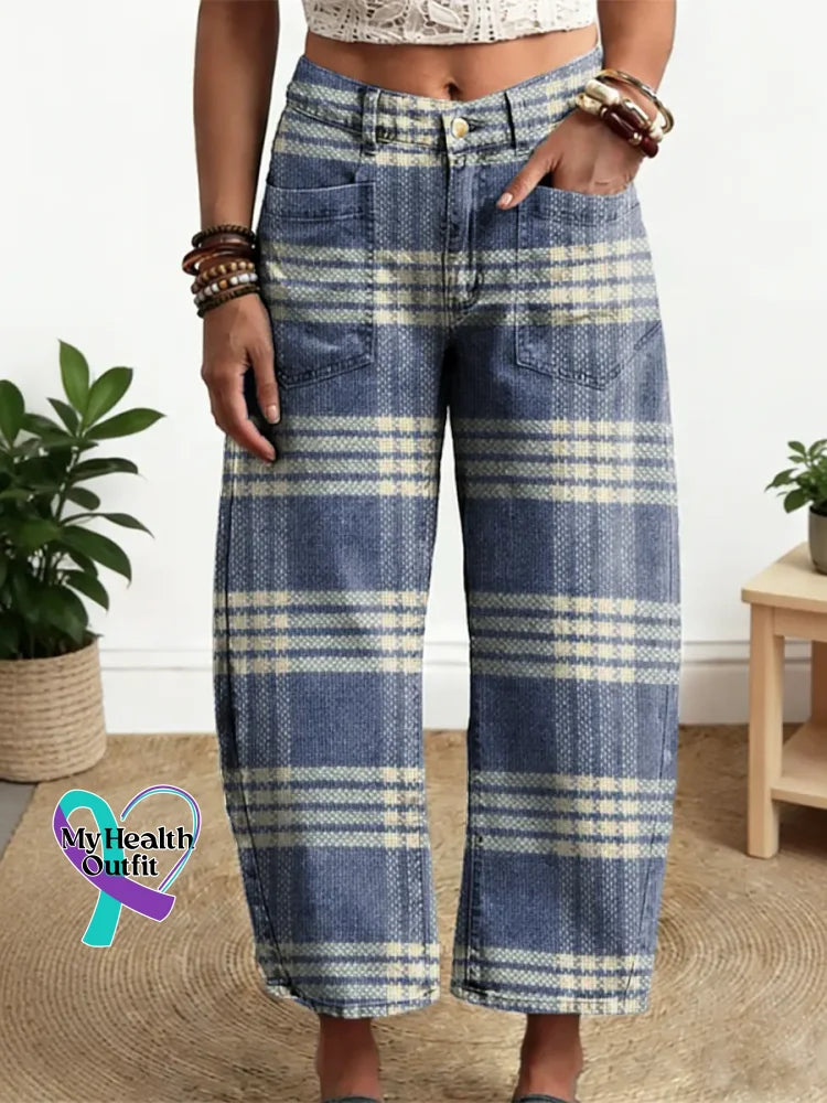 Women’s Plaid Pattern Art Print Casual Cotton Denim Pants Blue / S