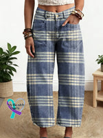 Women’s Plaid Pattern Art Print Casual Cotton Denim Pants Blue / S