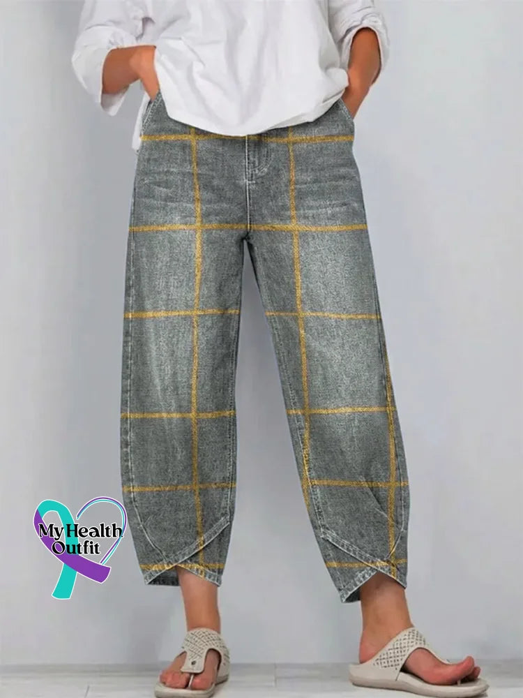 Women’s Plaid Pattern Art Print Casual Cotton Denim Pants Grey / S
