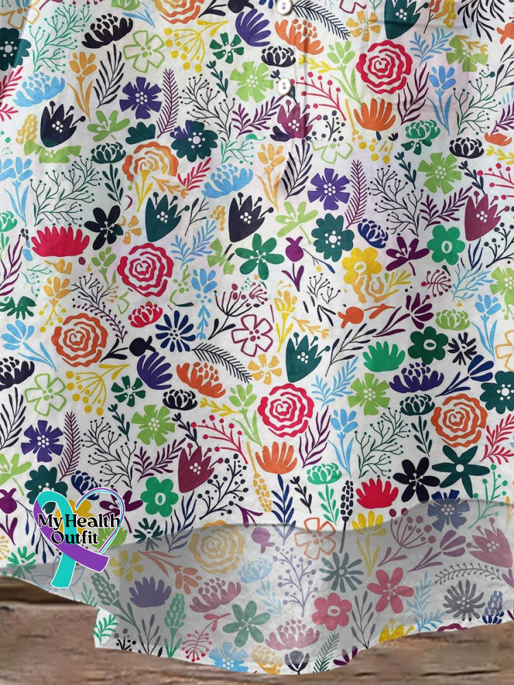 Women’s Rainbow Flower Art Print Casual Cotton And Linen Shirt