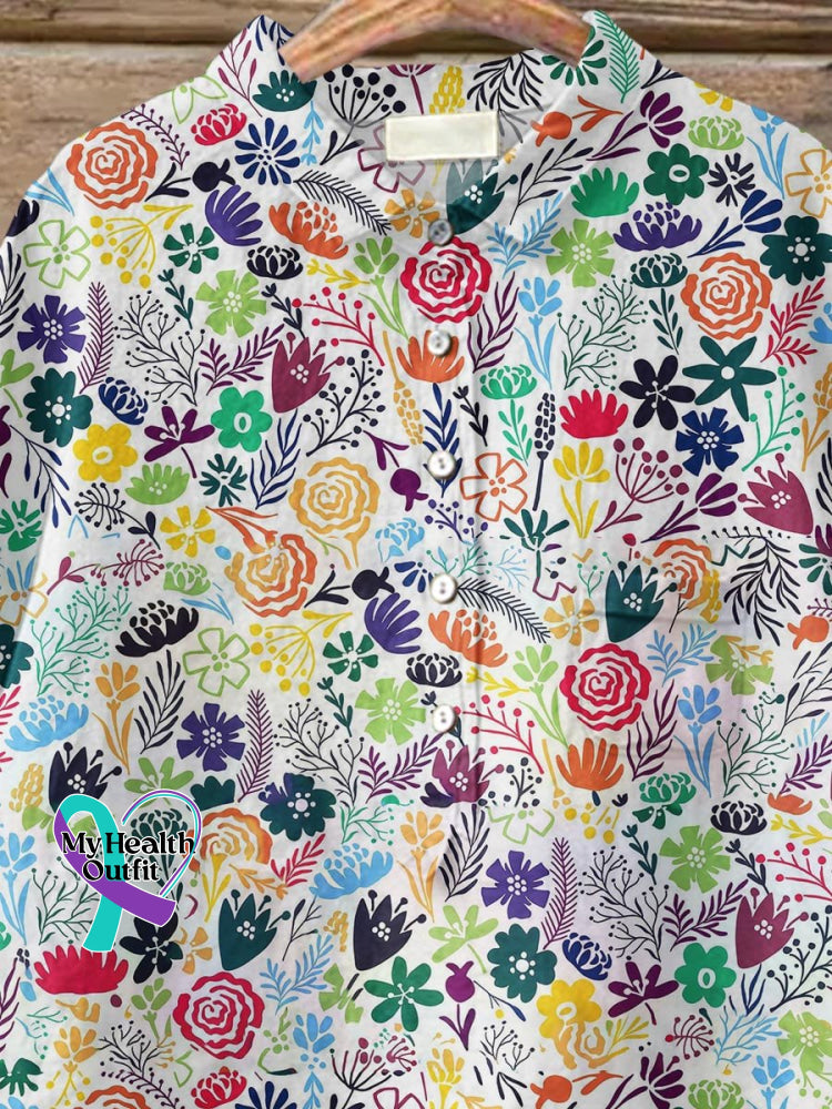 Women’s Rainbow Flower Art Print Casual Cotton And Linen Shirt