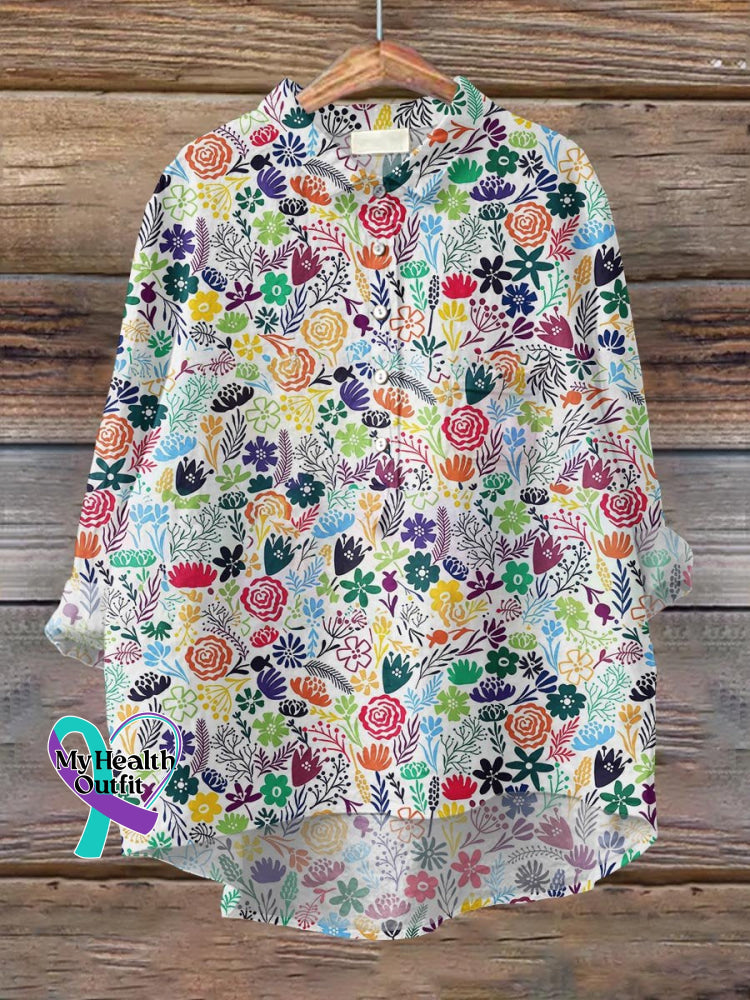 Women’s Rainbow Flower Art Print Casual Cotton And Linen Shirt Multicolor / S