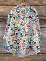 Women’s Rainbow Flower Art Print Casual Cotton And Linen Shirt Multicolor / S