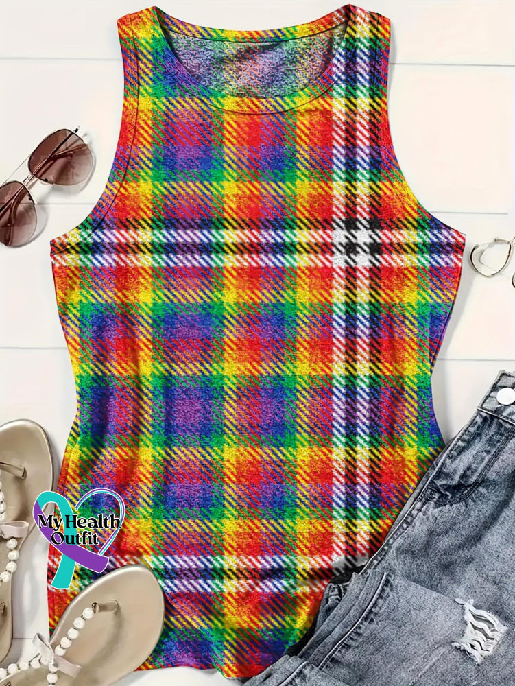 Women’s Rainbow Gradient Plaid Art Print Tank Top Multicolor / S