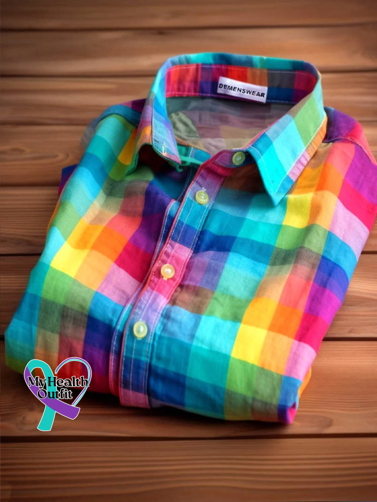 Women’s Rainbow Plaid Printed Casual Shirt Short Sleeve / S